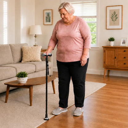 Senior woman using WHLICKS heavy duty folding walking cane indoors for stable daily mobility support.