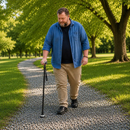 WHLICKS adjustable folding walking cane helping seniors walk safely on outdoor paths and grass surfaces.