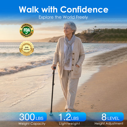 WHLICKS heavy duty walking cane with reinforced aluminum frame and 300 lbs weight capacity for reliable support.