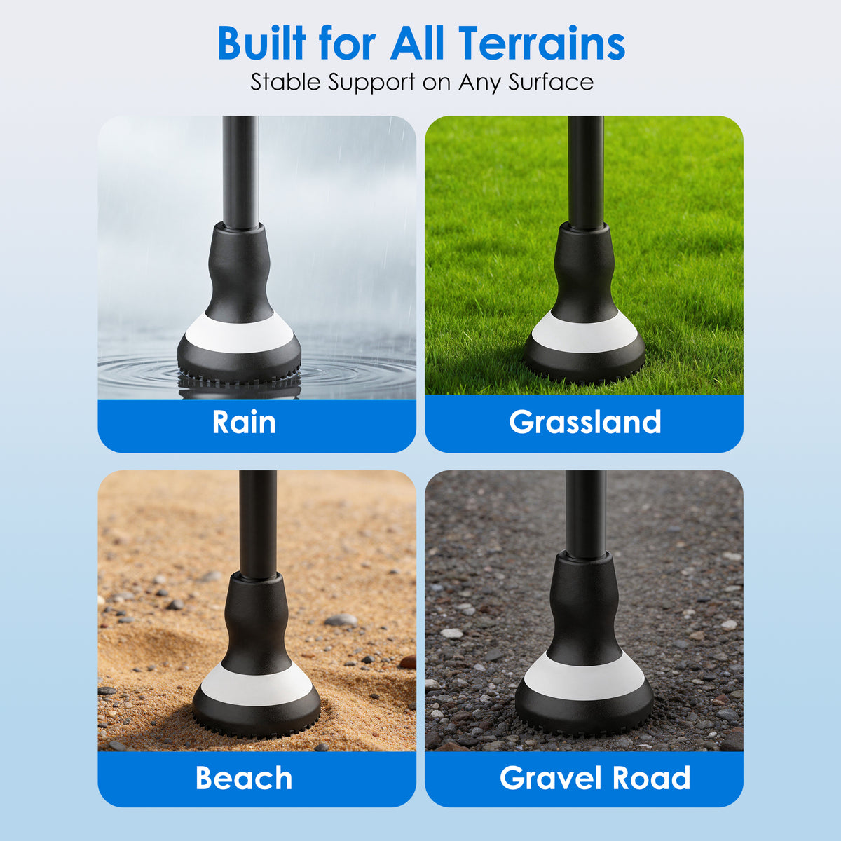 WHLICKS heavy duty walking cane with extra-wide non-slip rubber tip for stable support on rain, grass, beach, and gravel surfaces.