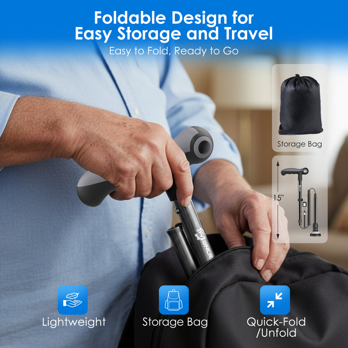 WHLICKS foldable walking cane with compact design for easy storage, travel, and everyday carrying.