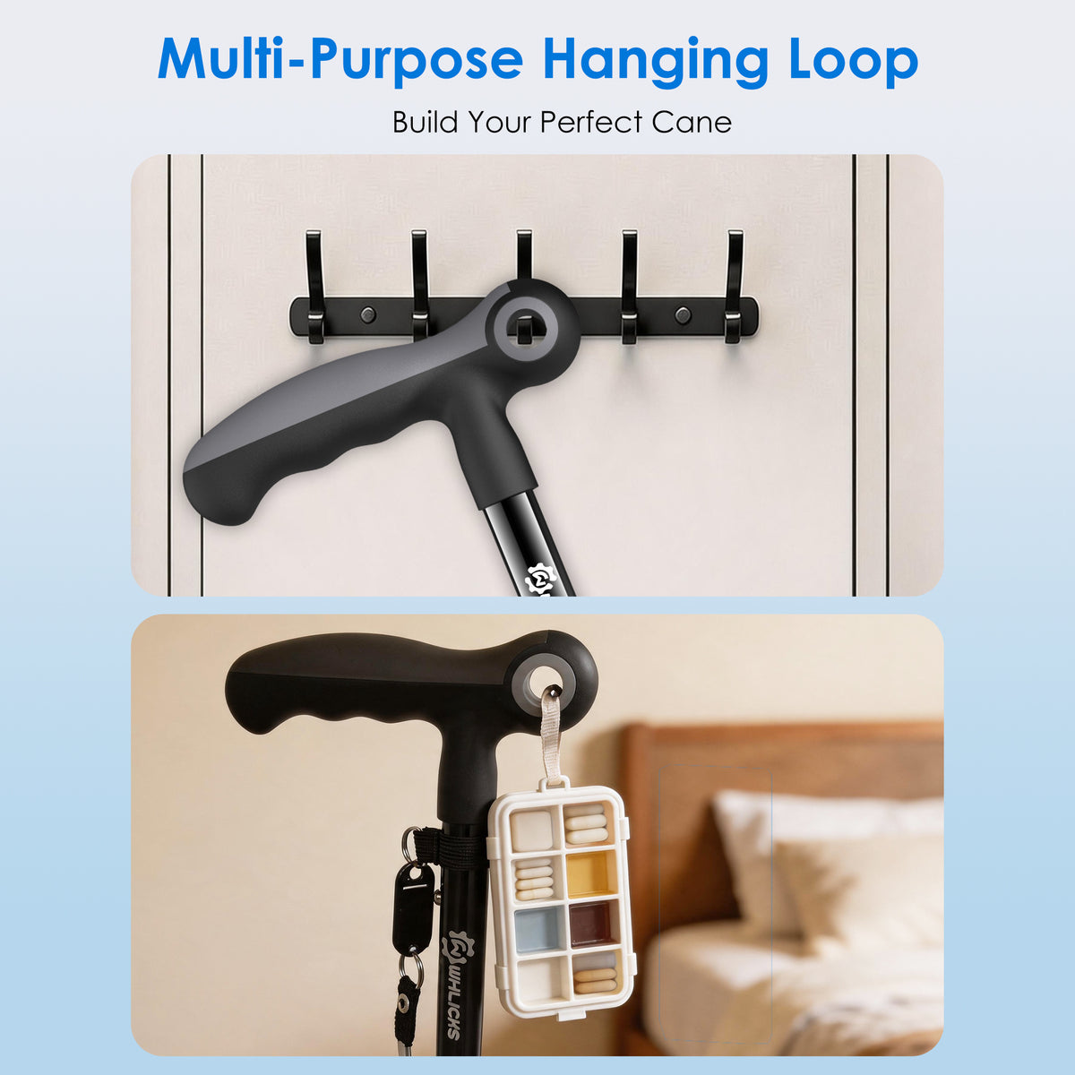 WHLICKS folding walking cane with built-in hanging loop for convenient storage and easy carrying.