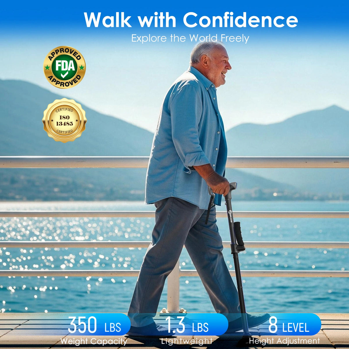 Foldable Walking Cane with Standing Assist Handle, 350 lb Capacity