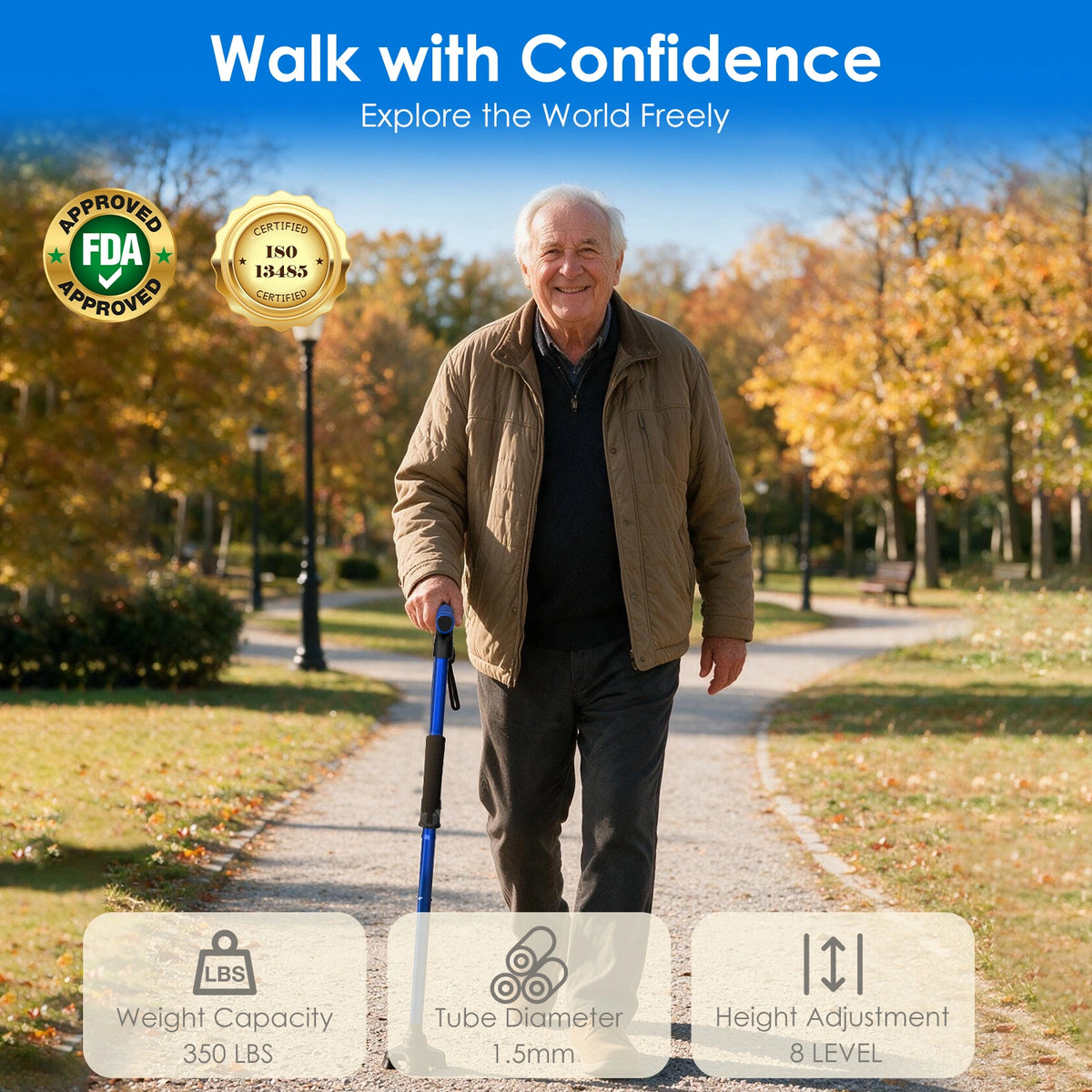 Foldable Walking Cane with Standing Assist Handle, 350 lb Capacity