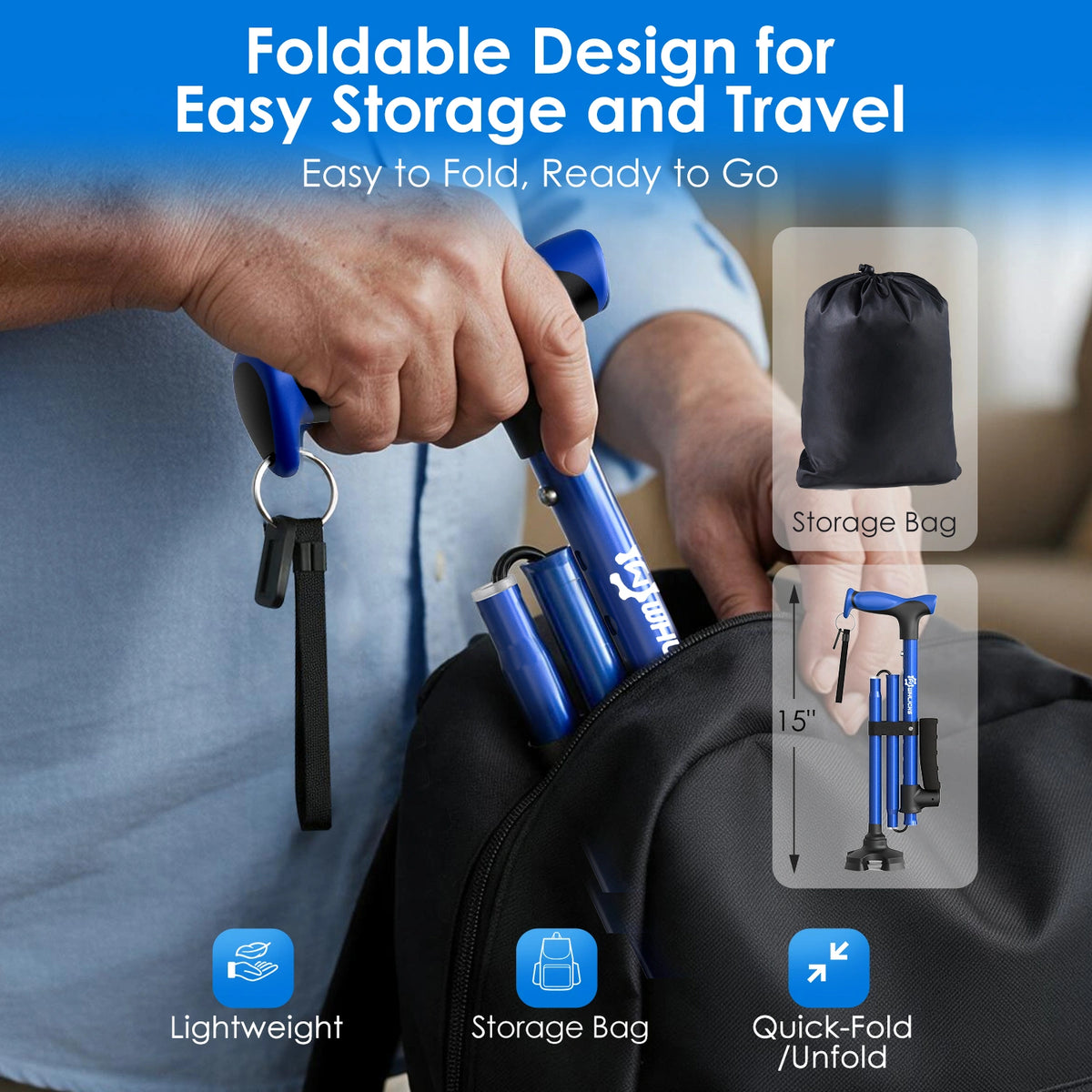 Foldable Walking Cane with Standing Assist Handle, 350 lb Capacity