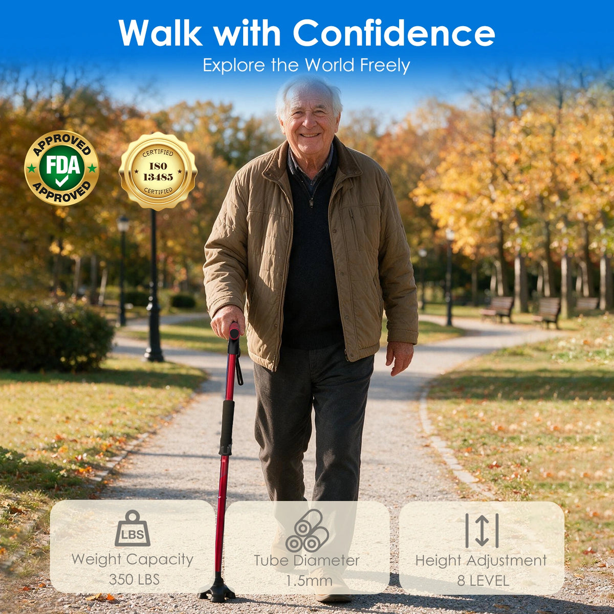 Foldable Walking Cane with Standing Assist Handle, 350 lb Capacity