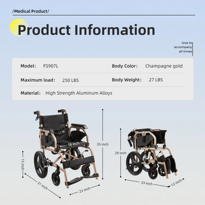 Lightweight Transport Wheelchair – Compact Size, Thick Stable Wheels