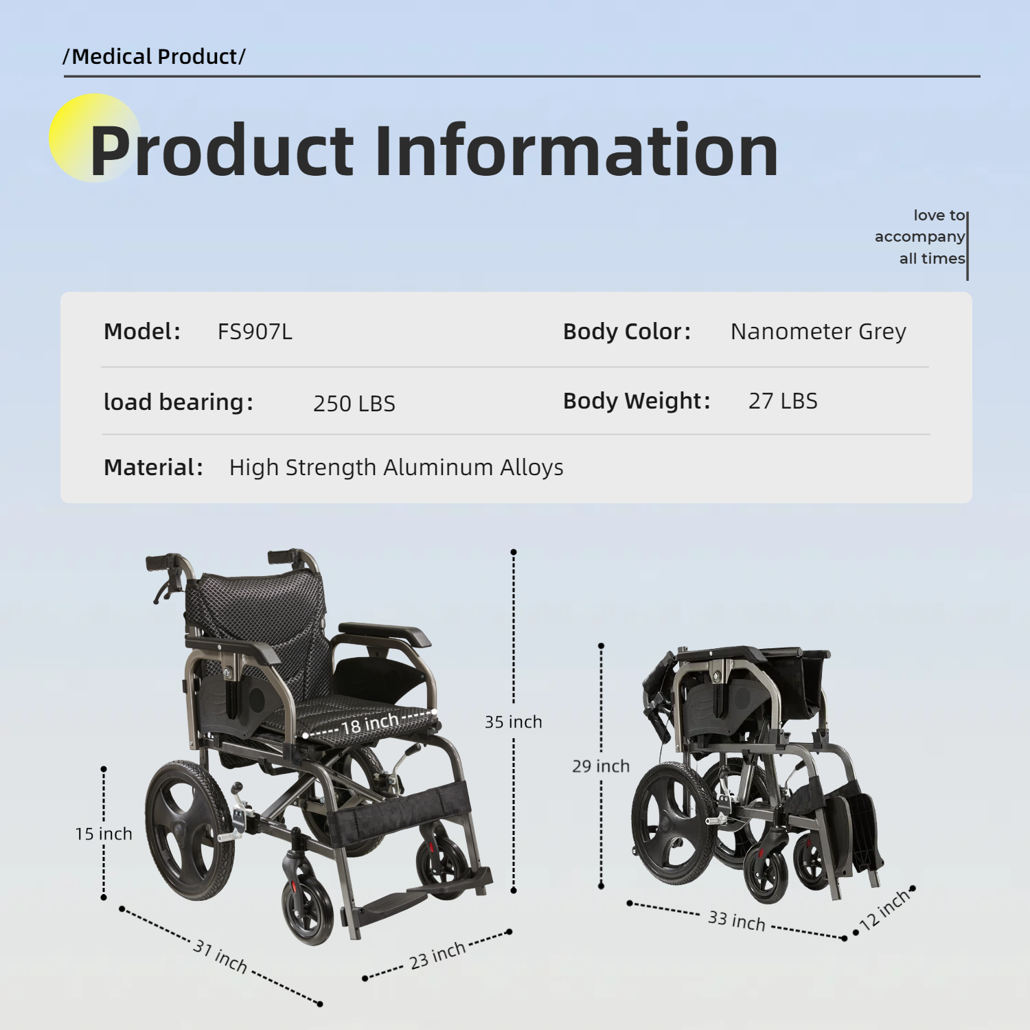 Lightweight Transport Wheelchair – Compact Size, Thick Stable Wheels