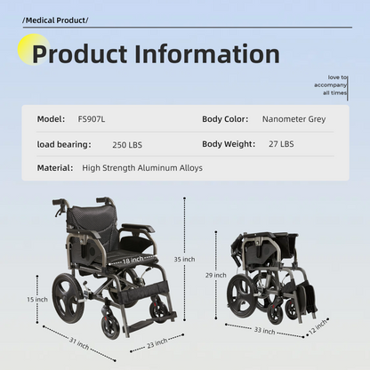 Lightweight Transport Wheelchair – Compact Size, Thick Stable Wheels
