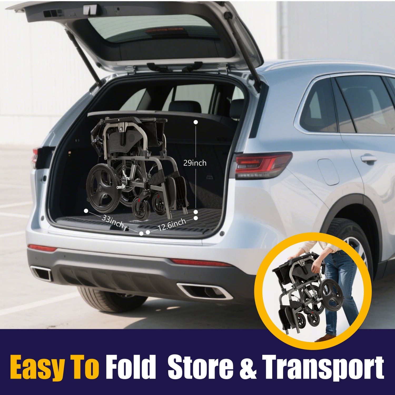 Lightweight Transport Wheelchair – Compact Size, Thick Stable Wheels