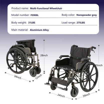 All-in-One Wheelchair – 20" Seat, Quick-Release Wheels & Dual Brakes