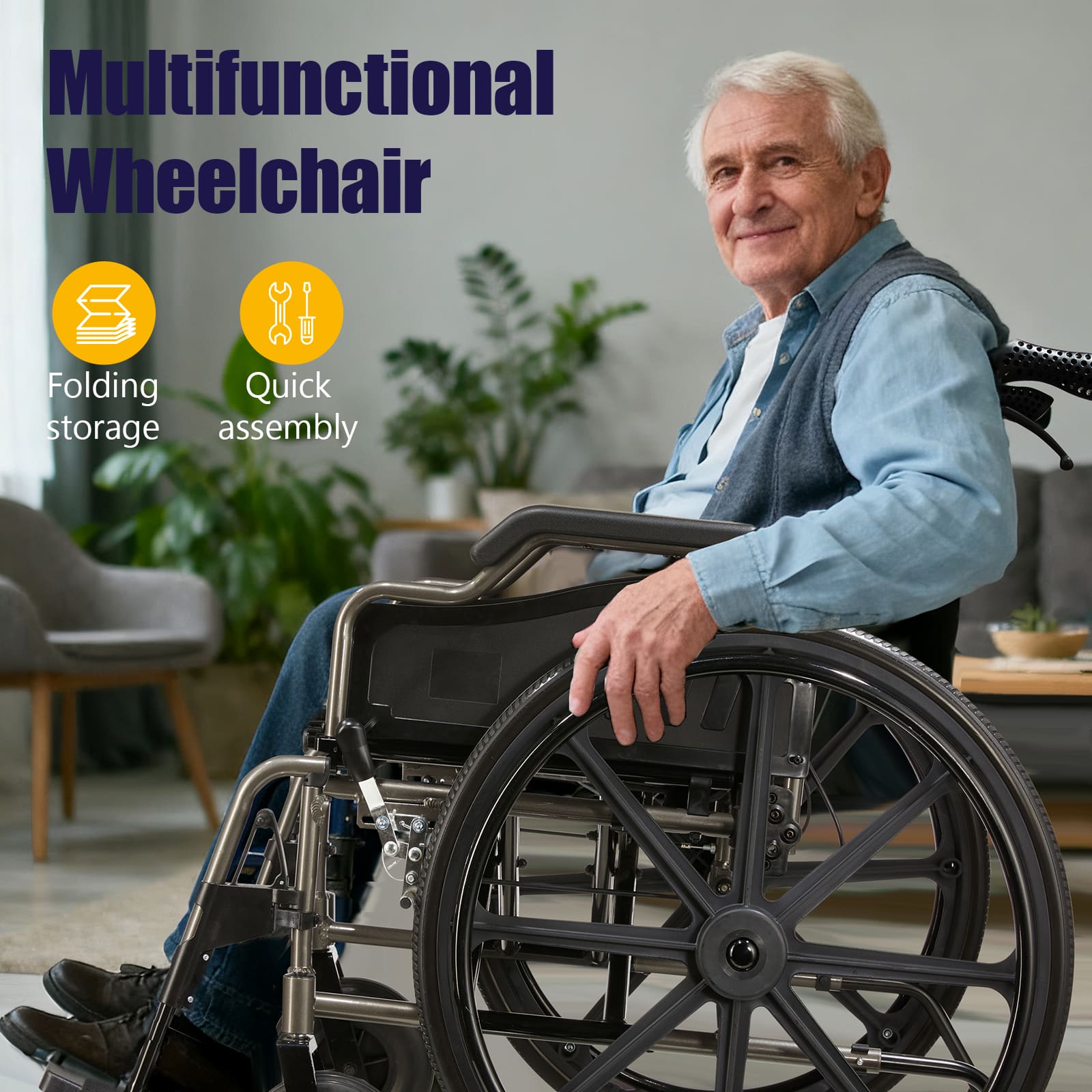 All-in-One-Rollstuhl – 50 cm Sitzbreite, Schnellspannräder & Doppelbremsen