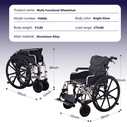 All-in-One Wheelchair – 20" Seat, Quick-Release Wheels & Dual Brakes