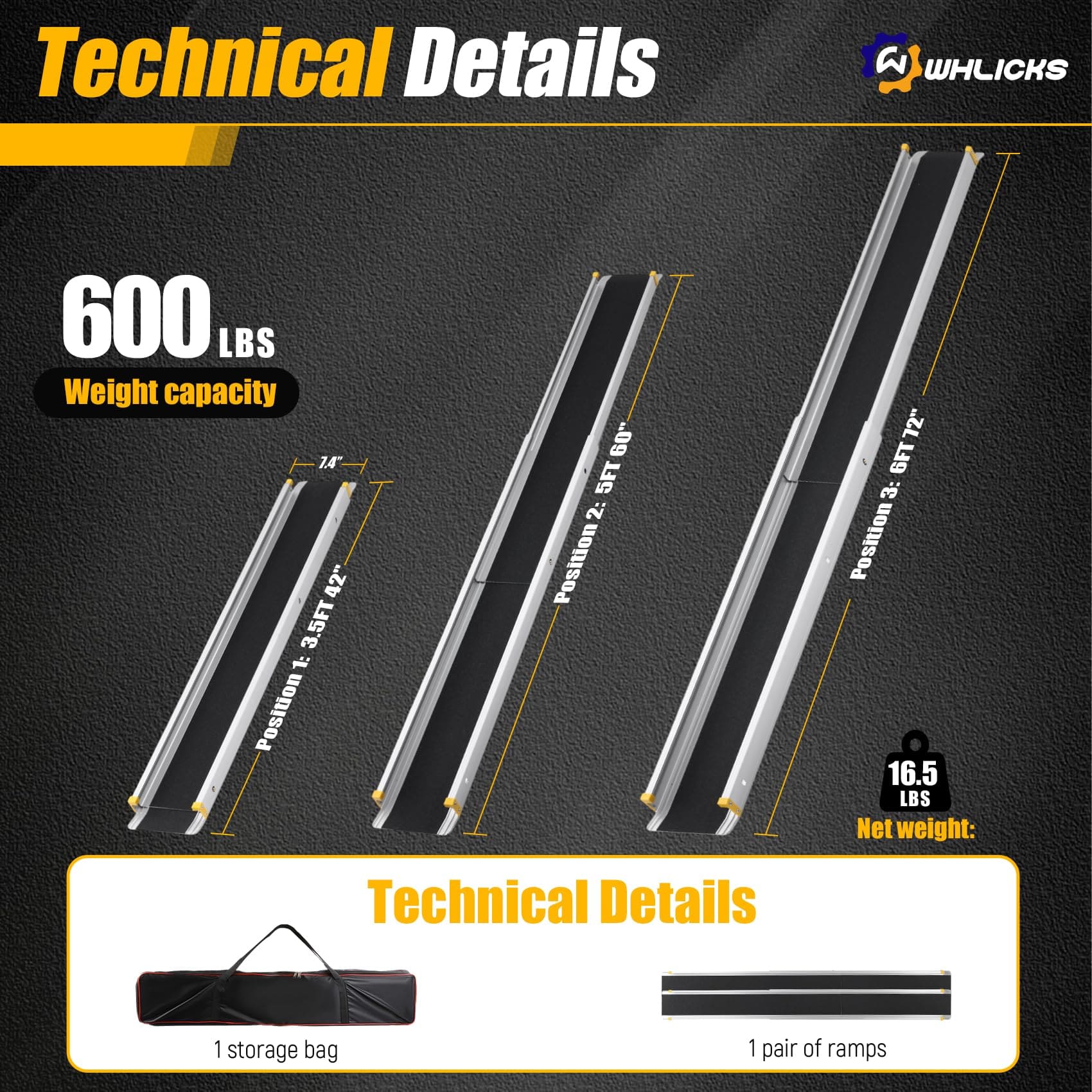 WHLICKS Telescopic Ramp – Adjustable 3.5–8 ft, Foldable, 600 lb Capacity