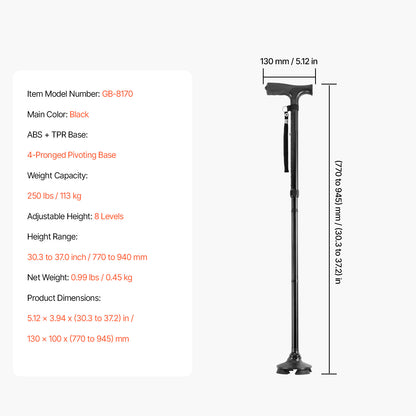 Vevor Walking Cane for Seniors Foldable Walking Cane with Quad Base Stable Walking Stick
