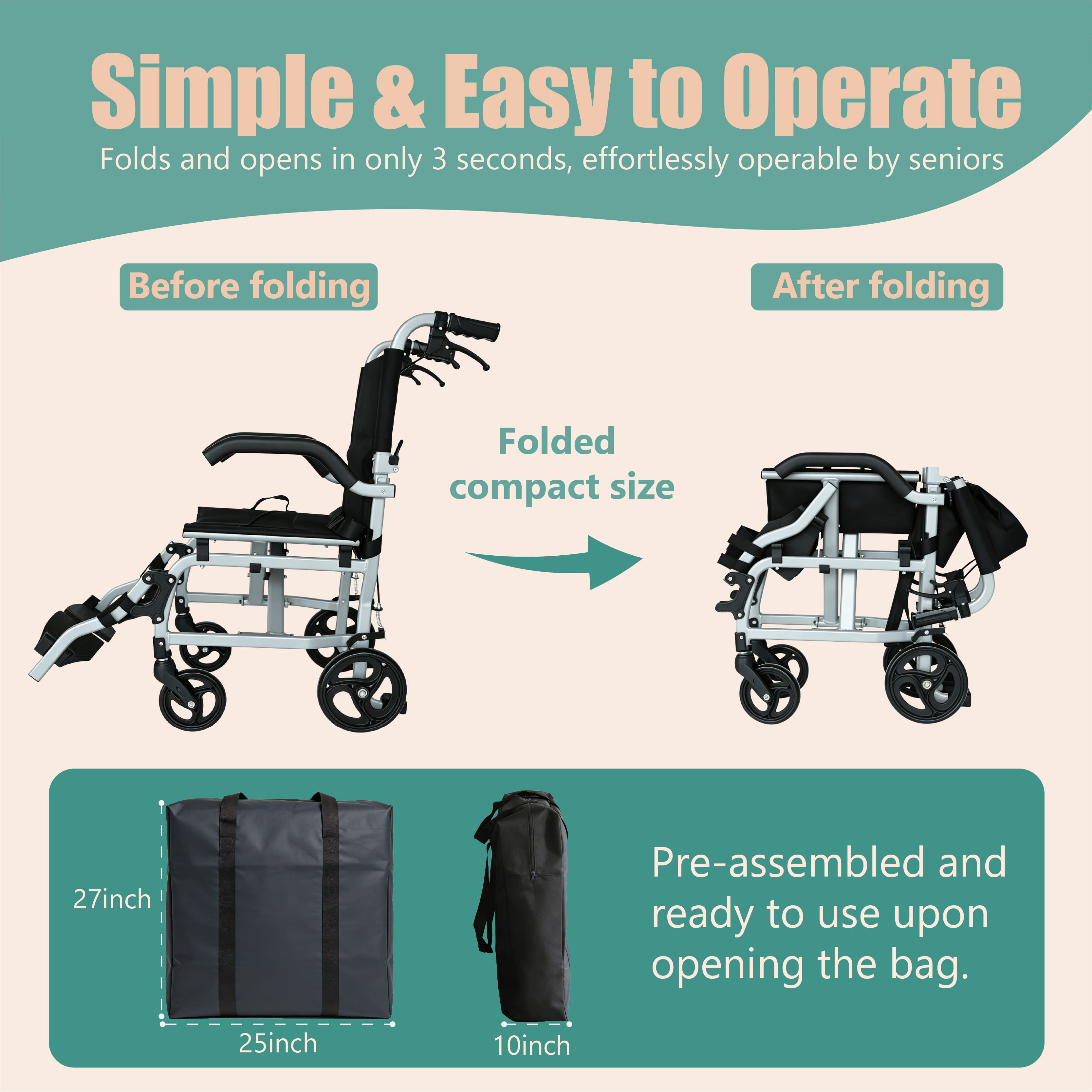 Ultra-Light Folding Travel Wheelchair with Compact Design