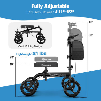 Black walker with adjustable features and measurements on a blue background