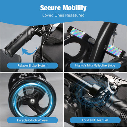 Collage of a wheelchair features with text highlighting reliability, safety, and functionality