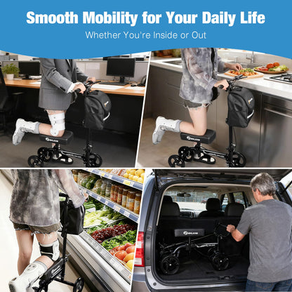 Knee scooter used in various daily life scenarios including office, kitchen, grocery store, and car