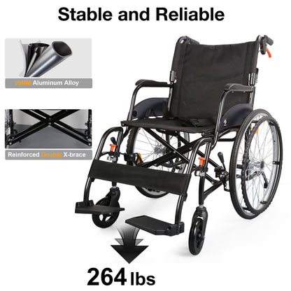Lightweight Manual Wheelchair – Foldable & Portable Wheelchair with Swing-Away Footrests and Anti Tipper