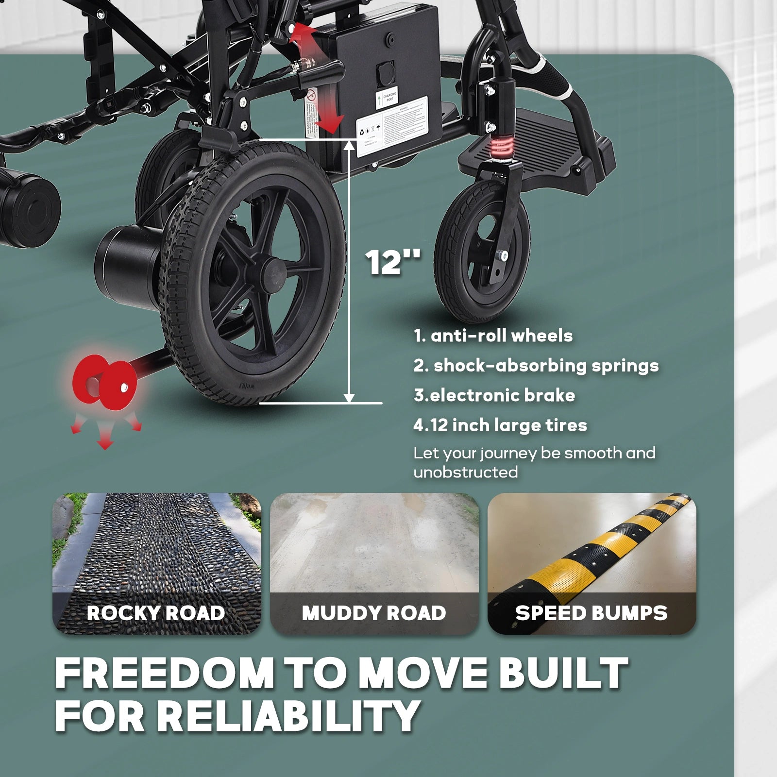 lightweight electric wheelchair with 12 inch all terrain wheels