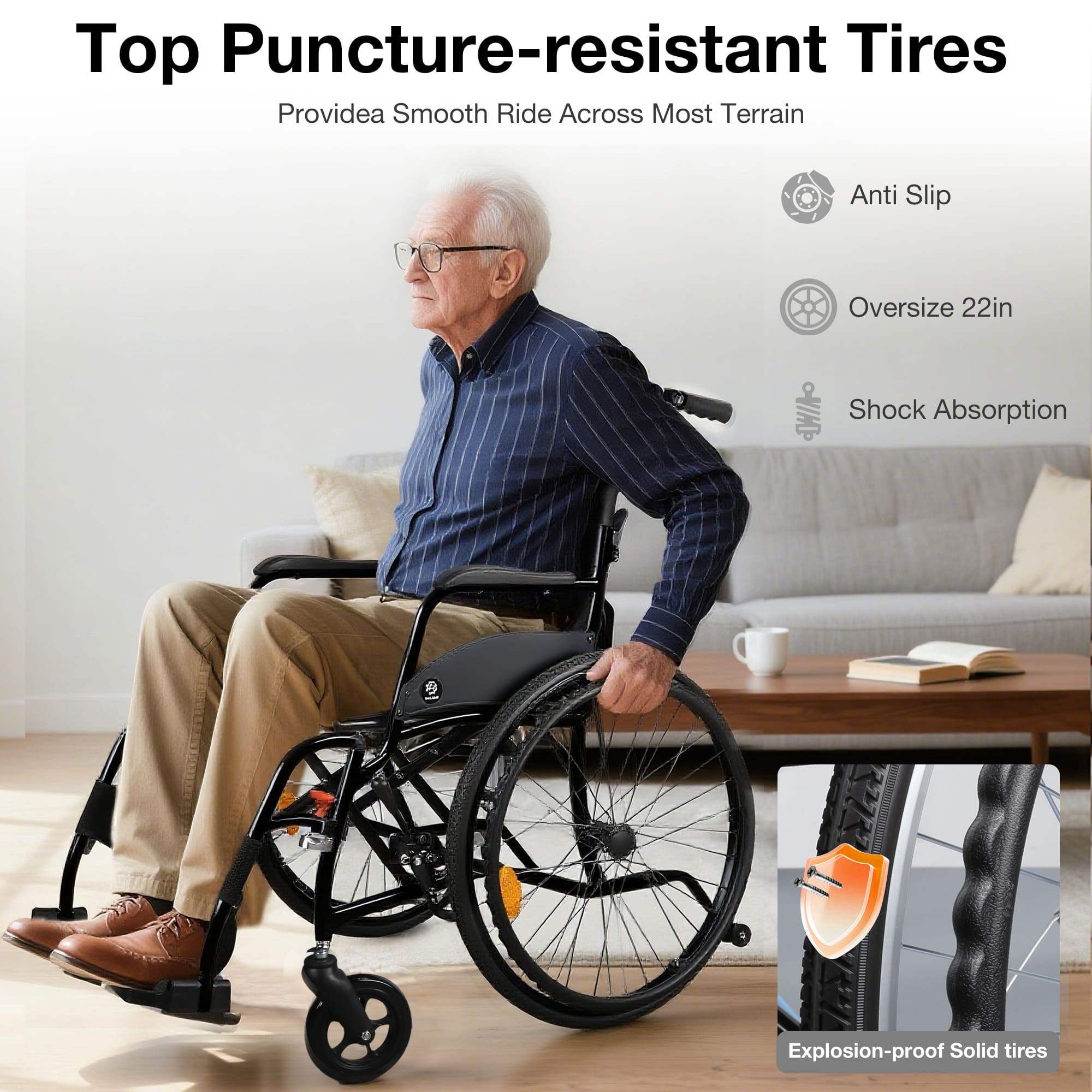 lightweight wheelchair with puncture-resistant rear tires