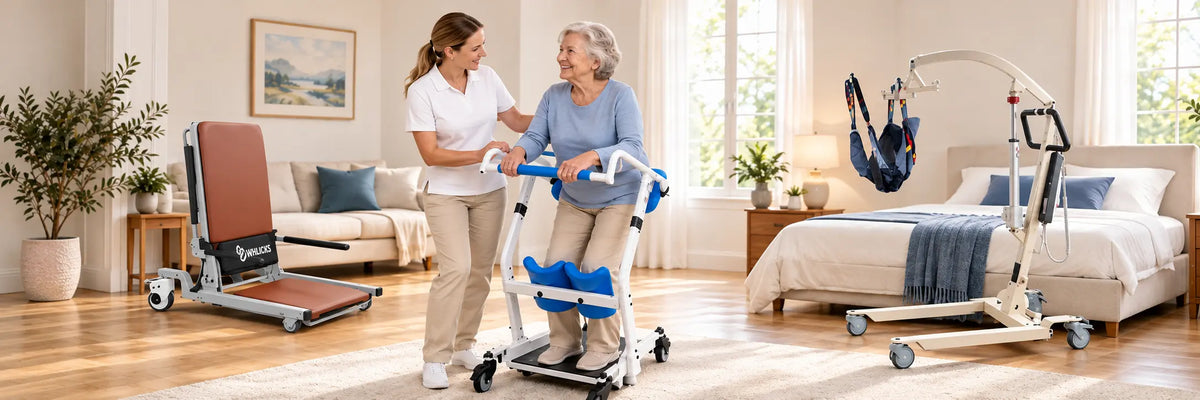 WHLICKS floor lift chair, sit-to-stand aid, and sling lift in a bedroom, with a caregiver assisting a woman at the center.#LC01#SAL0S#HAL01