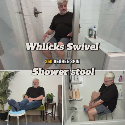 Elderly person testing the WHLICKS 4-in-1 adjustable 360° swivel shower chair, suitable for seniors and disabled users.