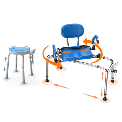Mobility aid with blue seat and gray legs on a white background