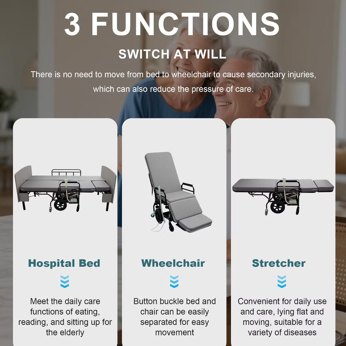 3-in-1 Electric Nursing Bed for Seniors with Wheelchair & Stretcher
