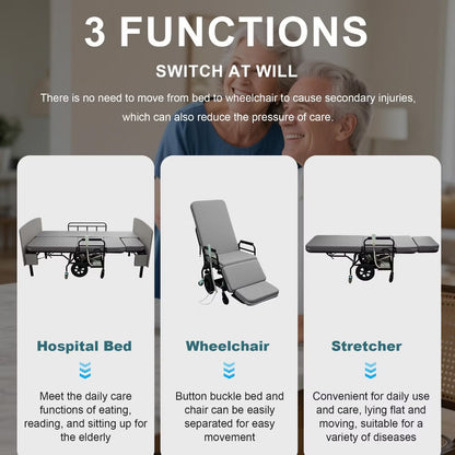3-in-1 Electric Nursing Bed for Seniors with Wheelchair & Stretcher