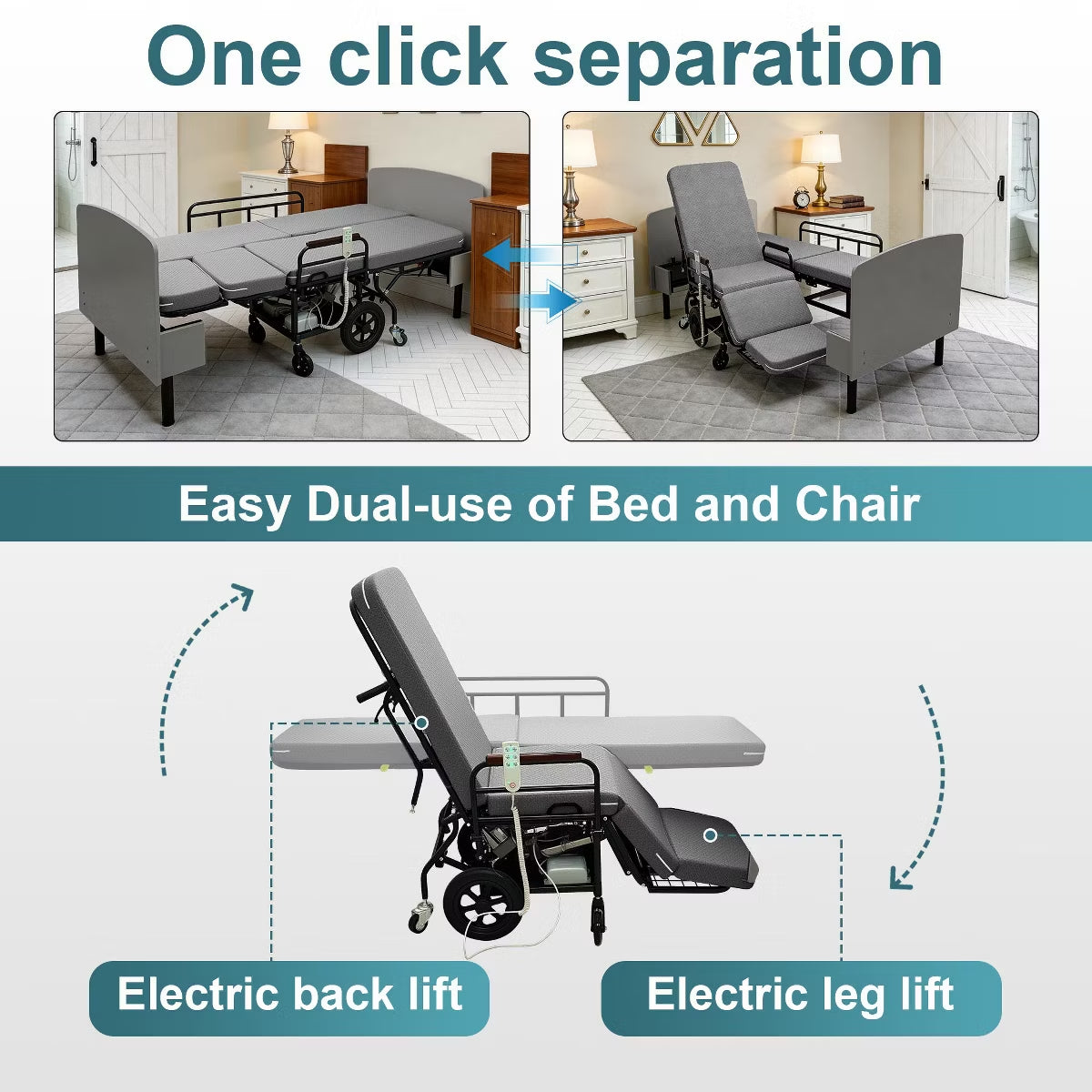 3-in-1 Electric Nursing Bed for Seniors with Wheelchair & Stretcher